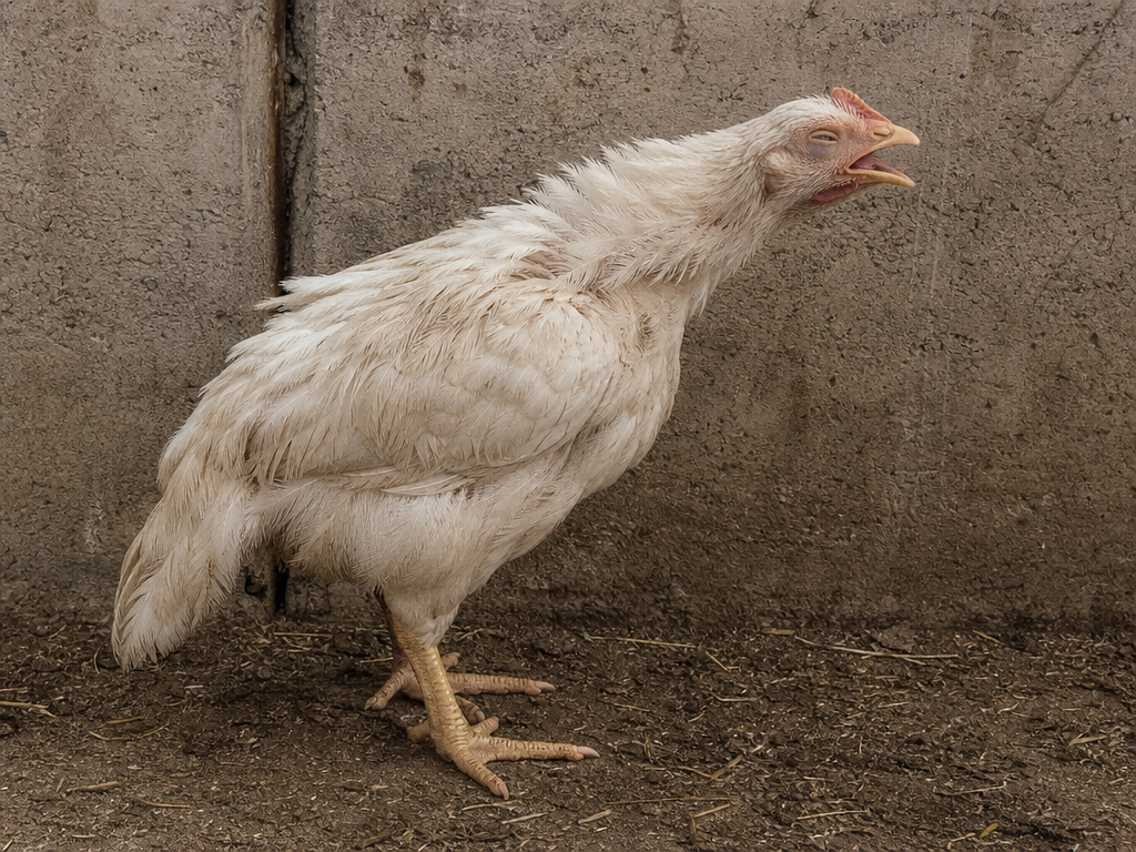Air Sacculitis in chicken showing rattling, gurgling, or crackling sounds during breathing (the primary clinical sign) and open-mouth breathing and labored respiration in severe cases
