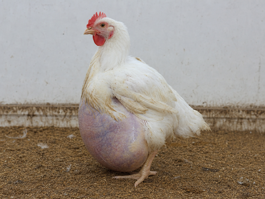 Ascites (Water Belly) in Chickens in chicken showing visibly distended, fluid-filled abdomen - the skin appears stretched and shiny and penguin-like stance due to abdominal distension