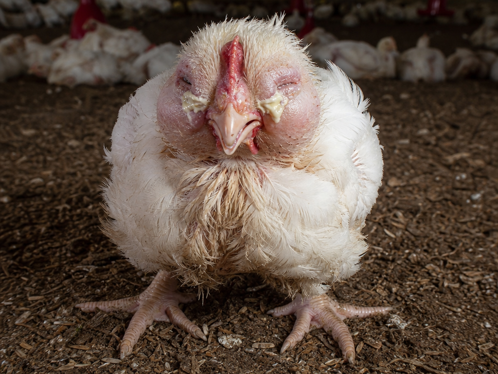Avian Metapneumovirus (Swollen Head Syndrome) in chicken showing swelling of the periorbital tissues, head, and sinuses in chickens (shs) and frothy or watery discharge from the eyes (conjunctivitis)
