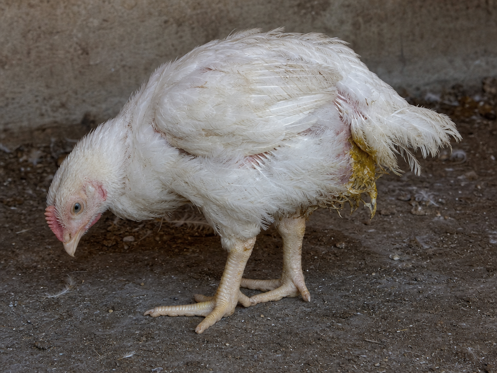 Blackhead Disease (Histomoniasis) in chicken showing sulfur-yellow or greenish-yellow diarrhea (pathognomonic color) and lethargy and hunched posture