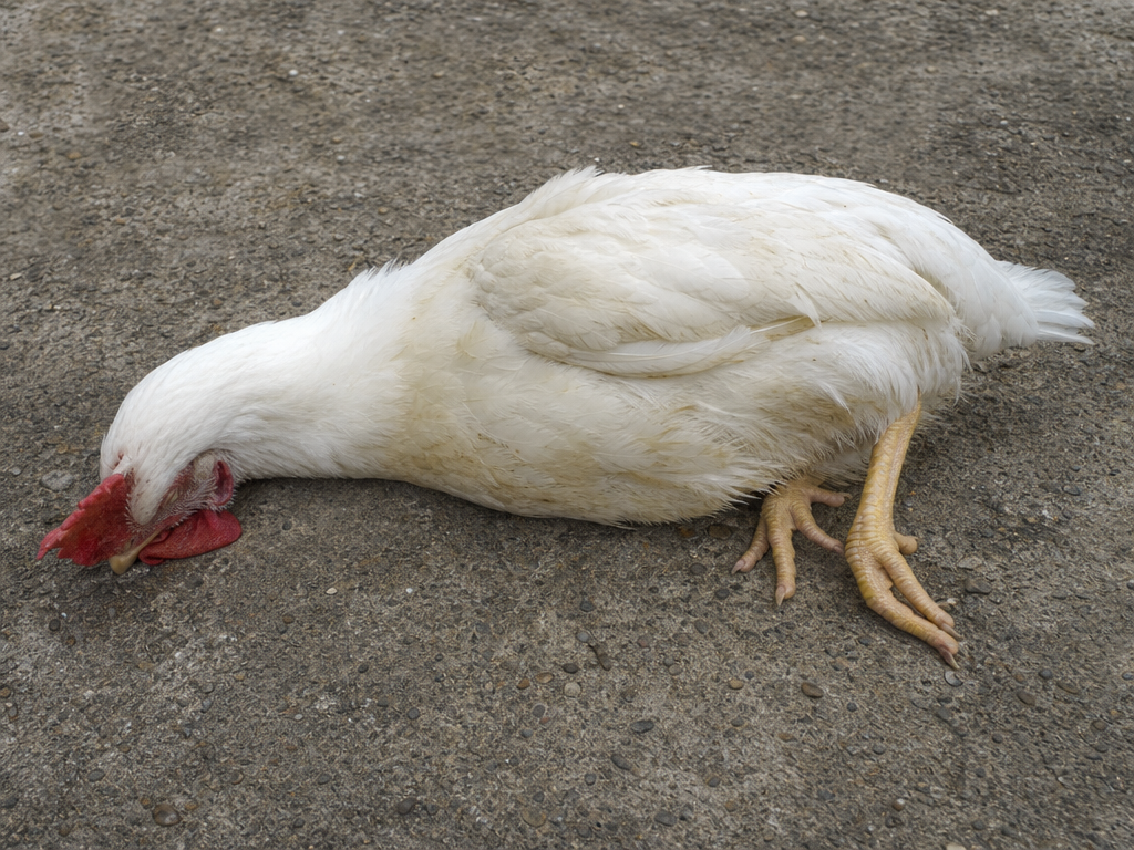 Botulism in Chickens (Limberneck) in chicken showing progressive leg weakness progressing to paralysis and neck hanging limply, head resting on the ground (limberneck)