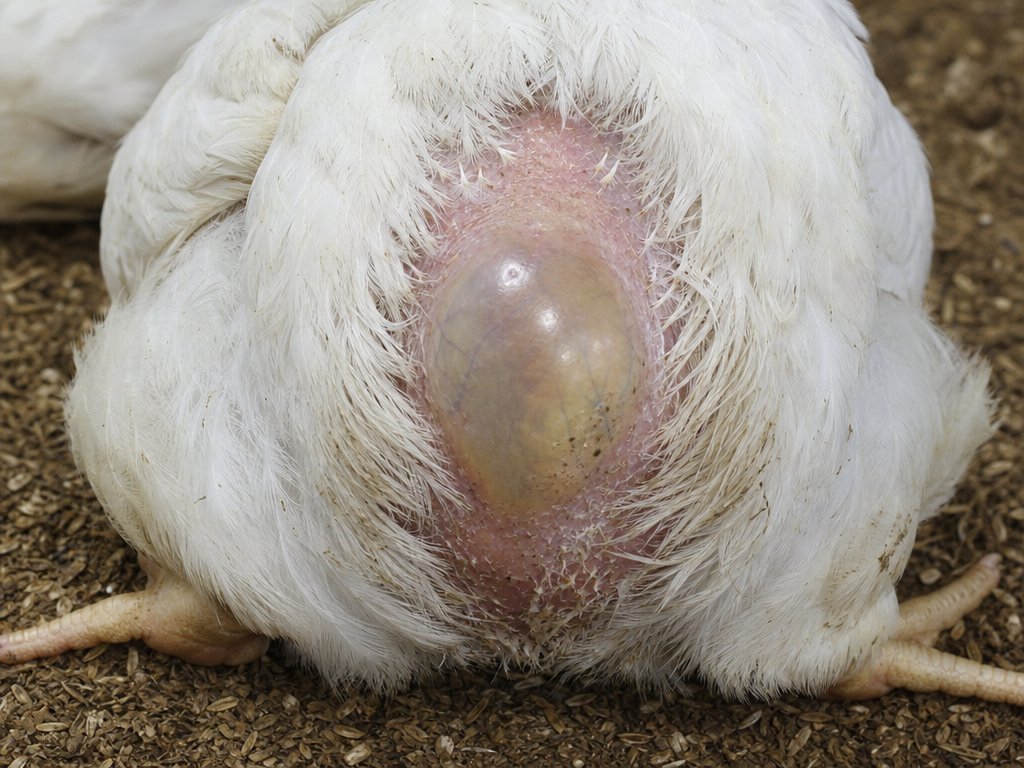 Breast Blister (Keel Bursitis) in chicken showing visible fluid-filled blister or fibrous swelling over the keel bone and grade 1: small, translucent, thin-walled blister filled with clear fluid