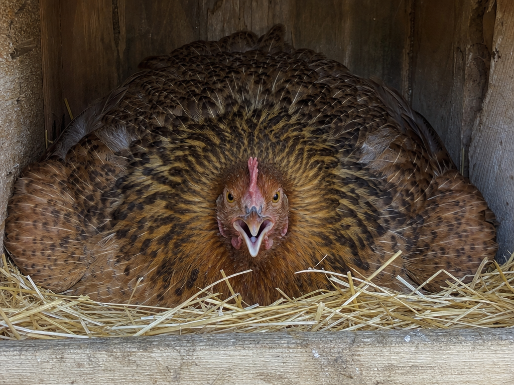 Broody Hen in chicken showing sitting on the nest all day and refusing to leave and flattening and puffing up when approached, growling or pecking