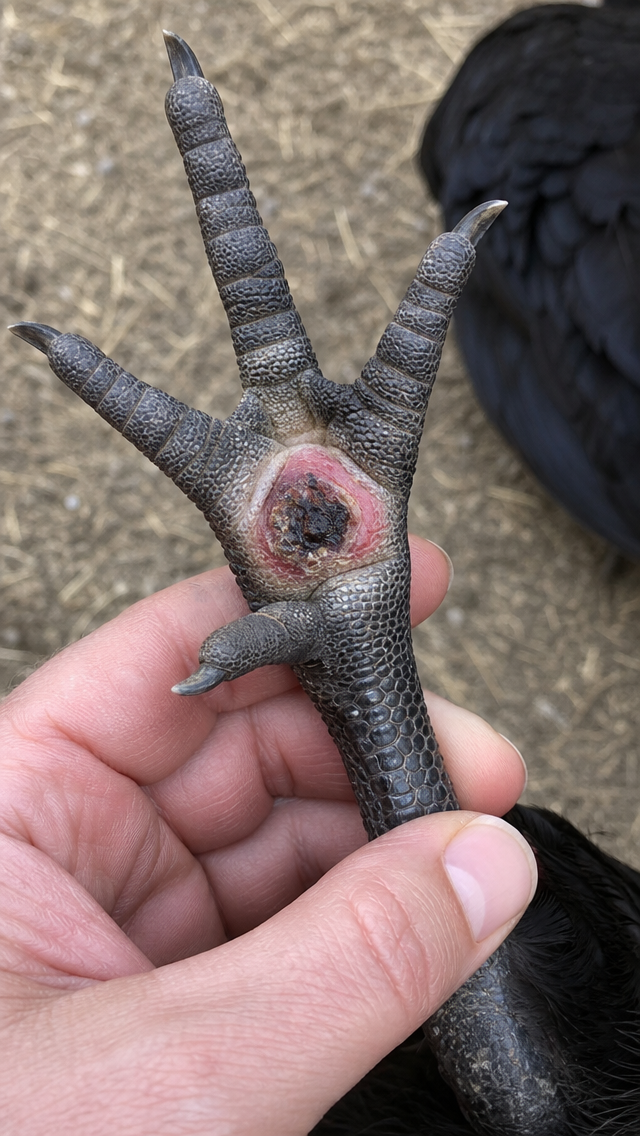 Bumblefoot (Plantar Pododermatitis) in chicken showing dark scab or callus on the bottom of the footpad and swelling of the foot or toes