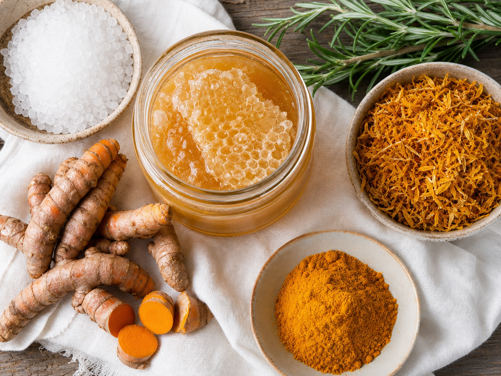 Natural remedies for Bumblefoot (Plantar Pododermatitis), manuka-honey, turmeric, calendula shown together