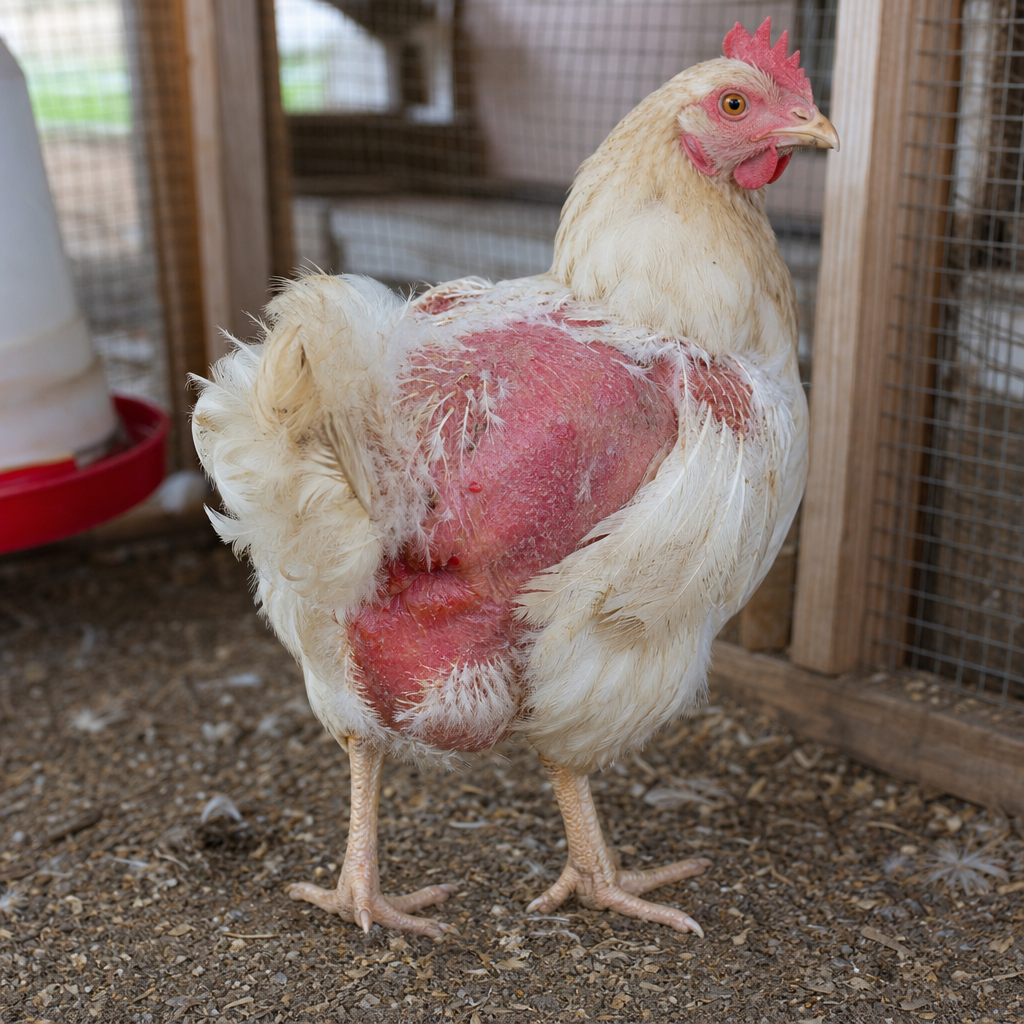 Feather Pecking and Cannibalism in chicken showing feather loss on back, vent area, and head and bare red or bleeding skin patches