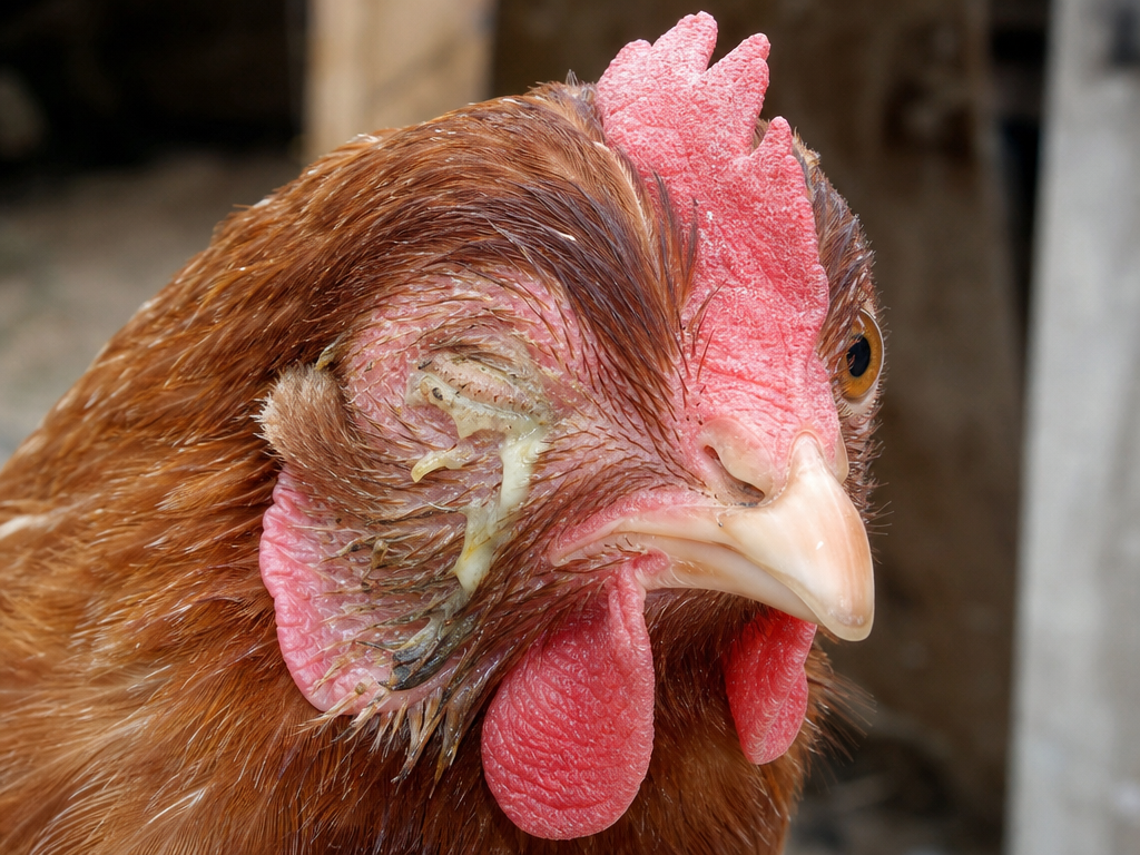 Chicken Eye Infection (Conjunctivitis) in chicken showing swollen, puffy eyelids - one or both eyes and watery or thick discharge from the eye