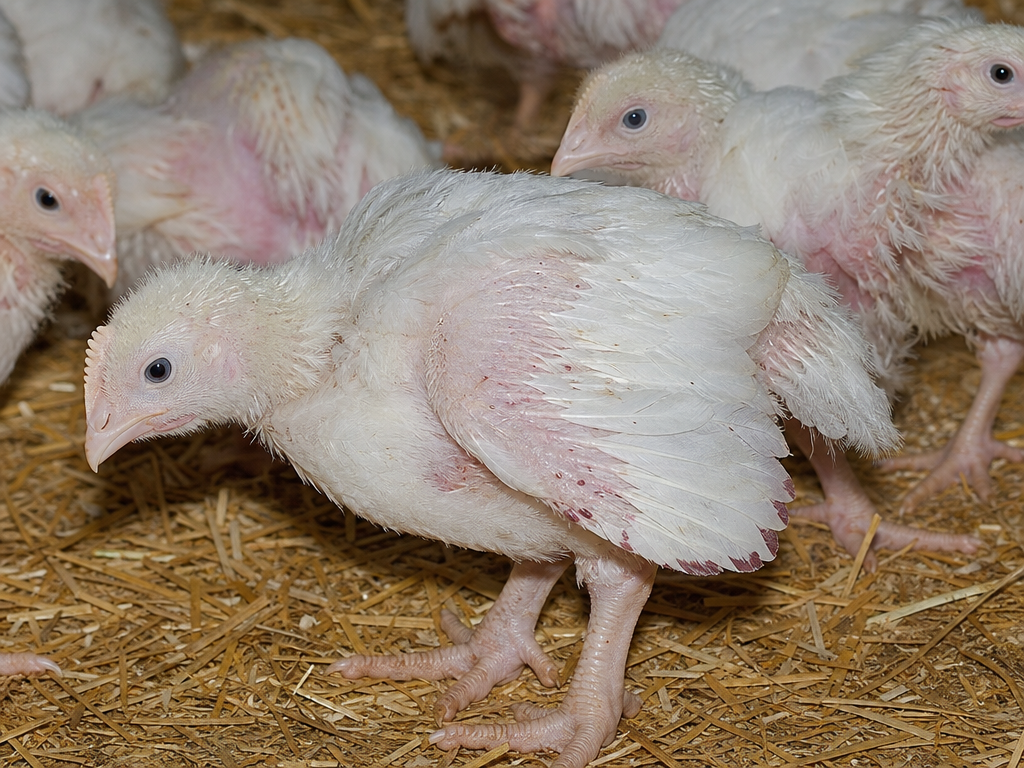 Chicken Infectious Anemia in chicken showing pale pink to white combs, wattles, and skin from severe anemia and blue-tinged wing tips (blue wing disease) from hemorrhage under wing skin