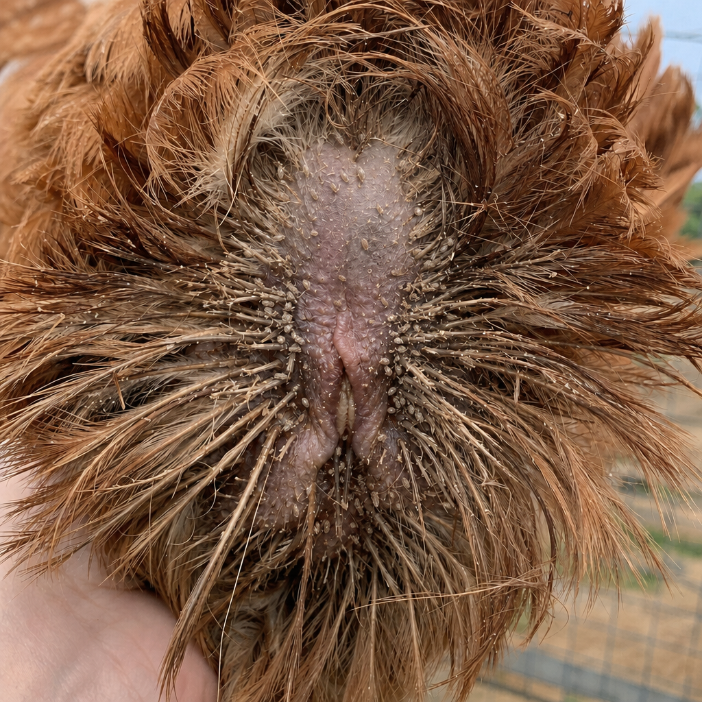 Chicken Lice in chicken showing excessive preening and scratching and feather loss, especially around vent, neck, and under wings