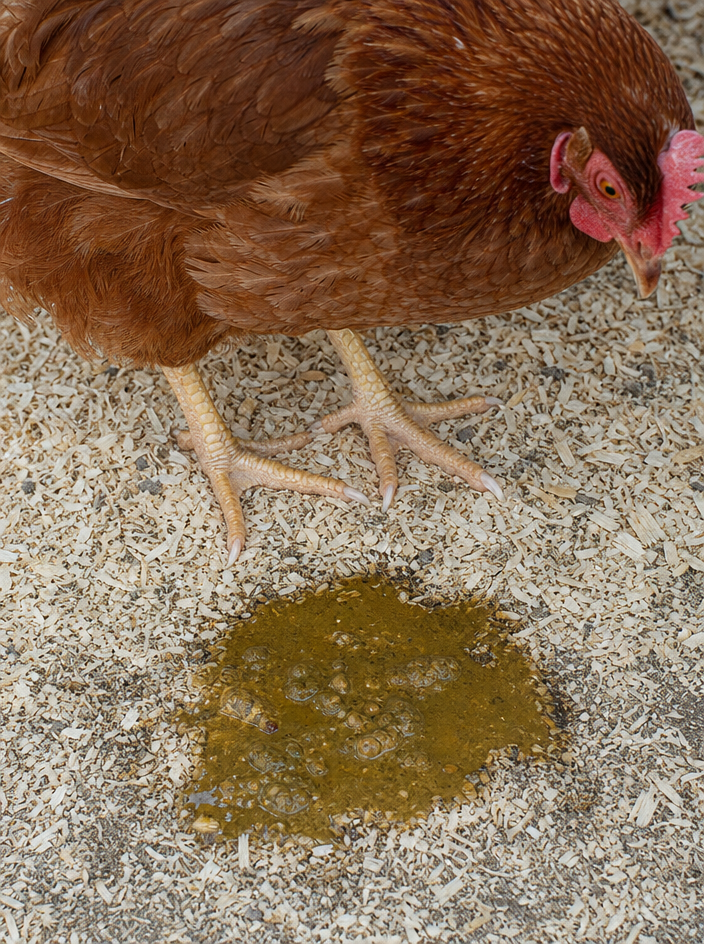 Diarrhea in Chickens in chicken showing watery or very loose droppings and staining of vent feathers (pasty vent in adults)