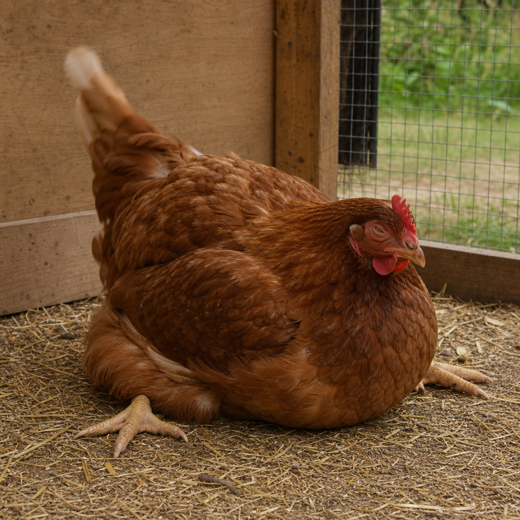 Egg Binding in chicken showing straining or pumping motions with the tail and abdomen and sitting on the ground with a wide-based stance