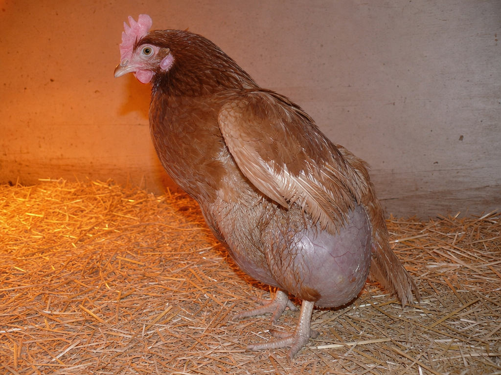Egg Yolk Peritonitis in chicken showing "penguin stance" - standing upright with abdomen hanging low, tail tilted down and abdominal distension - visibly enlarged, fluid-filled belly that may feel warm or firm