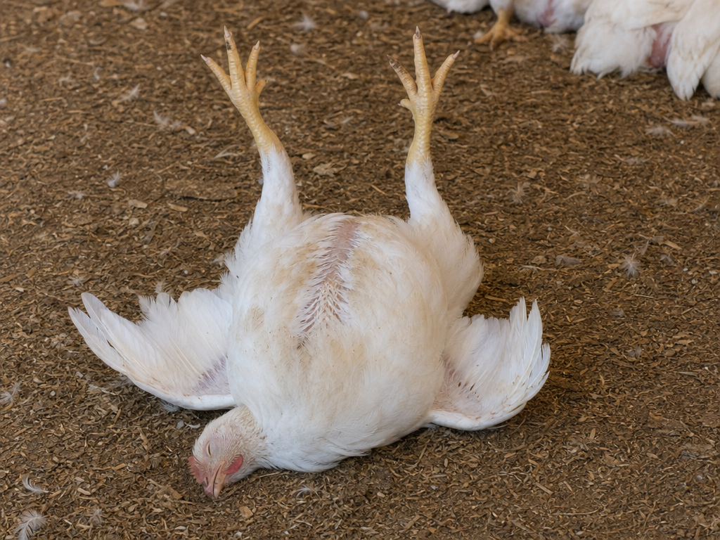 Sudden Death Syndrome (Flip-Over Disease) in chicken showing chicken found dead on its back with feet extended upward (the 'flip-over' posture) and death occurs in birds that appeared completely healthy hours or minutes earlier