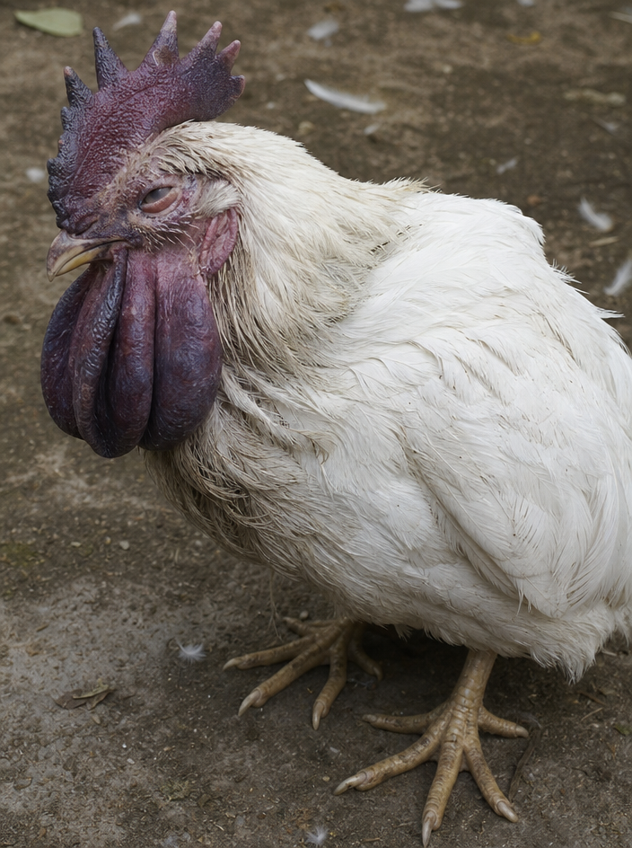 Fowl Cholera in chicken showing peracute form: birds found dead with no prior illness and purple-blue discoloration of comb and wattles (cyanosis)