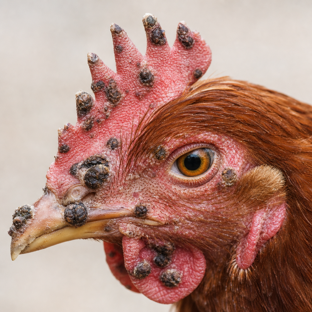 Fowl Pox in chicken showing wart-like nodules on comb, wattles, face, and eyelids (dry form) and yellow or white plaques inside mouth or throat (wet form)