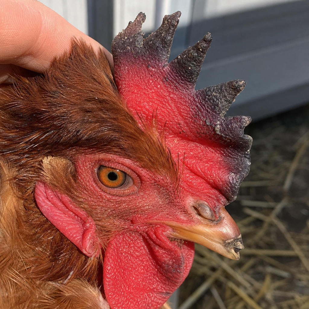 Frostbite in chicken showing black or dark purple tips on comb or wattles and pale or grey comb coloration