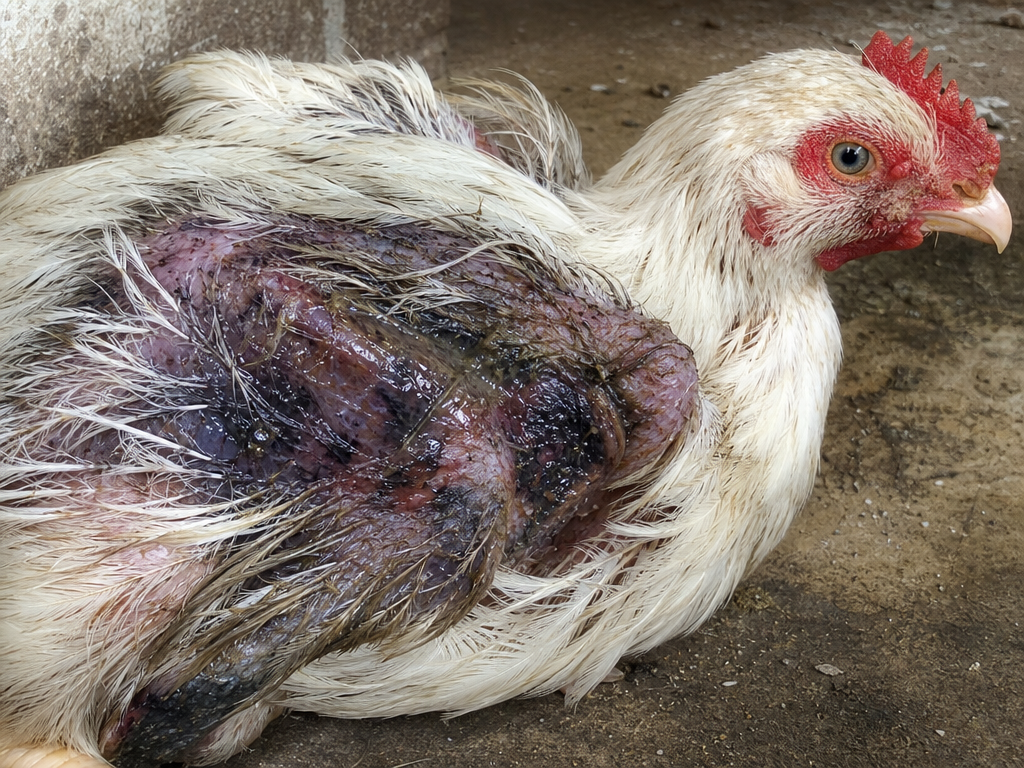Gangrenous Dermatitis in chicken showing wet, dark (purple-black or greenish) necrotic areas of skin on wing web, breast, or thigh and blistered or oozing skin surface with serosanguineous fluid