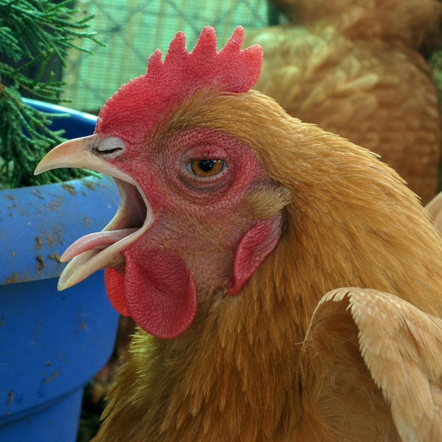 Heat Stress in chicken showing panting with open beak and wings held away from body to dissipate heat