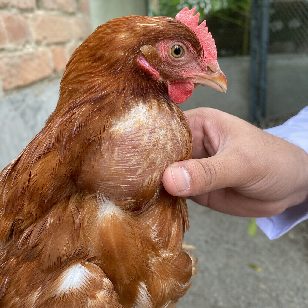 Impacted Crop in chicken showing hard, firm, packed crop that does not empty overnight and crop feels like a ball of tightly packed material