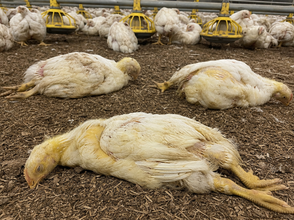 Inclusion Body Hepatitis in chicken showing sudden deaths in broilers aged 3-7 weeks with no prior signs and pale, anemic-appearing birds found near death