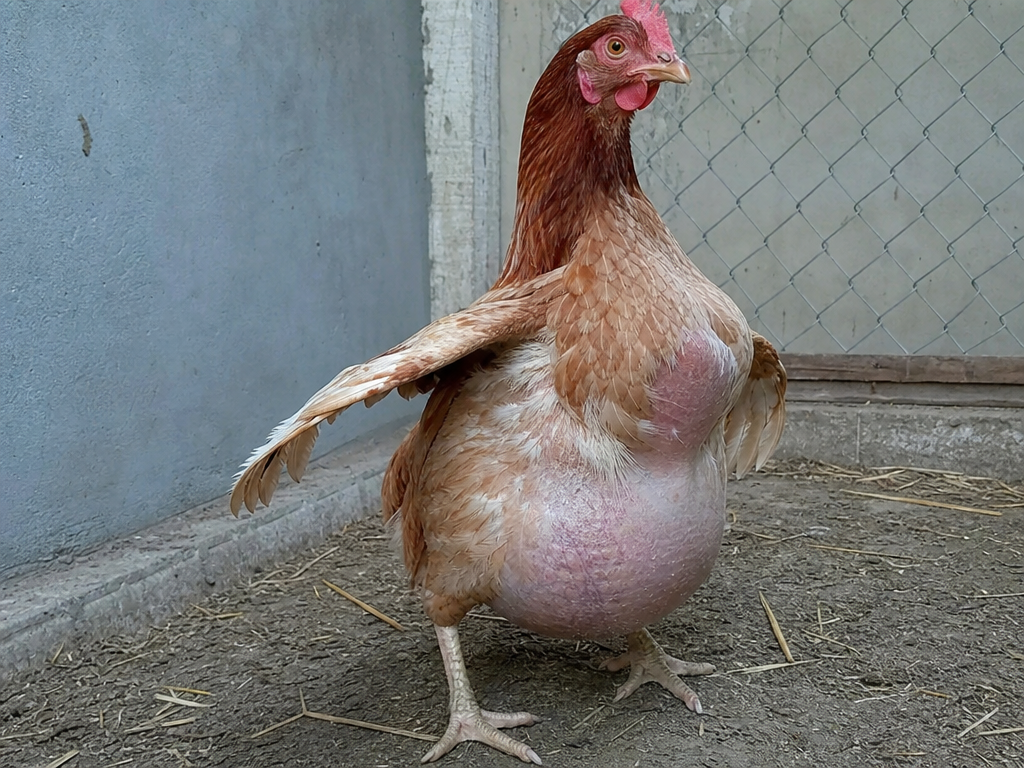 Internal Laying in chicken showing penguin-like stance with abdomen hanging low and pointing outward and progressive abdominal swelling and weight gain from coelom fluid accumulation