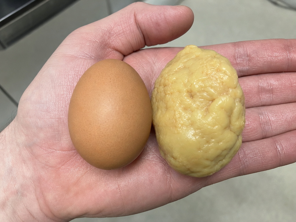 Lash Egg in Chickens (Salpingitis) in chicken showing passing a rubbery, waxy, or layered mass instead of a normal egg and lash material that is yellowish, tan, or orange in color