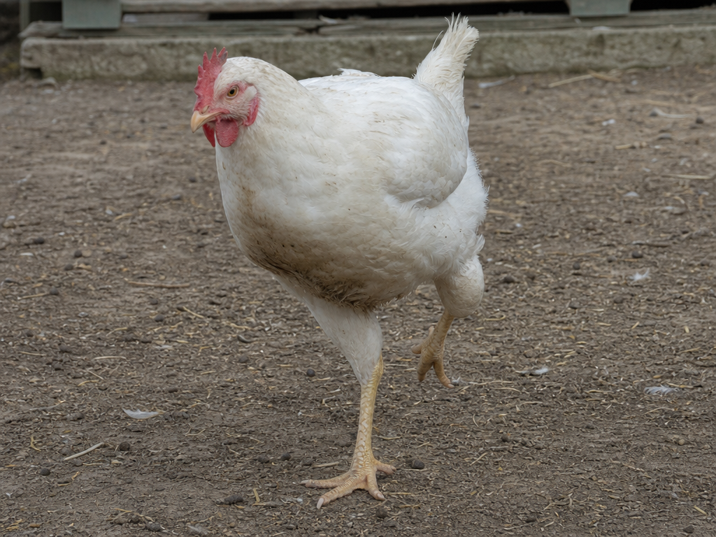 Limping Chicken (Lameness) in chicken showing favoring one leg, not bearing full weight and reluctance to walk or move around the coop
