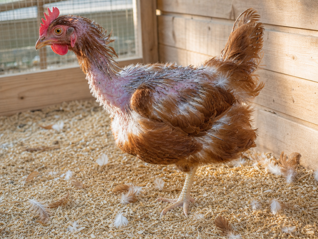 Molting (Feather Loss) in chicken showing feather loss beginning at the head and neck, progressing down the body toward the tail and pin feathers - narrow, waxy-sheathed new feathers pushing through bare skin