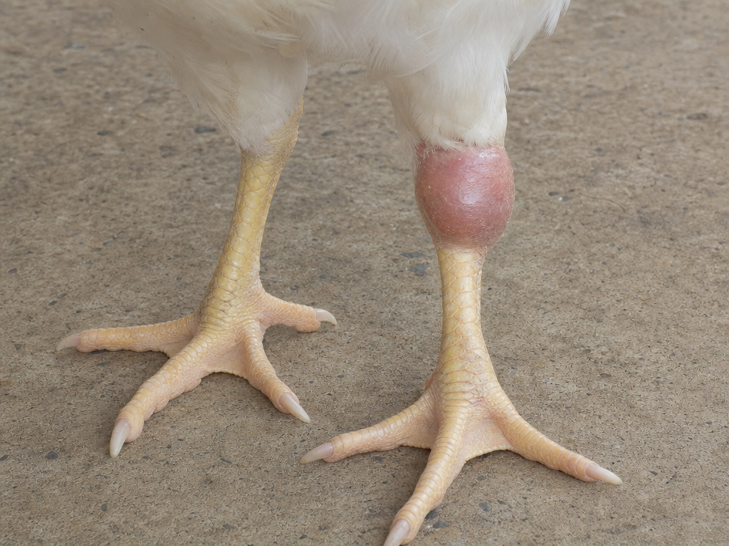 Mycoplasma Synoviae in chicken showing swollen, hot hock joints, wing joints, or footpad bursa and lameness ranging from slight limping to inability to walk