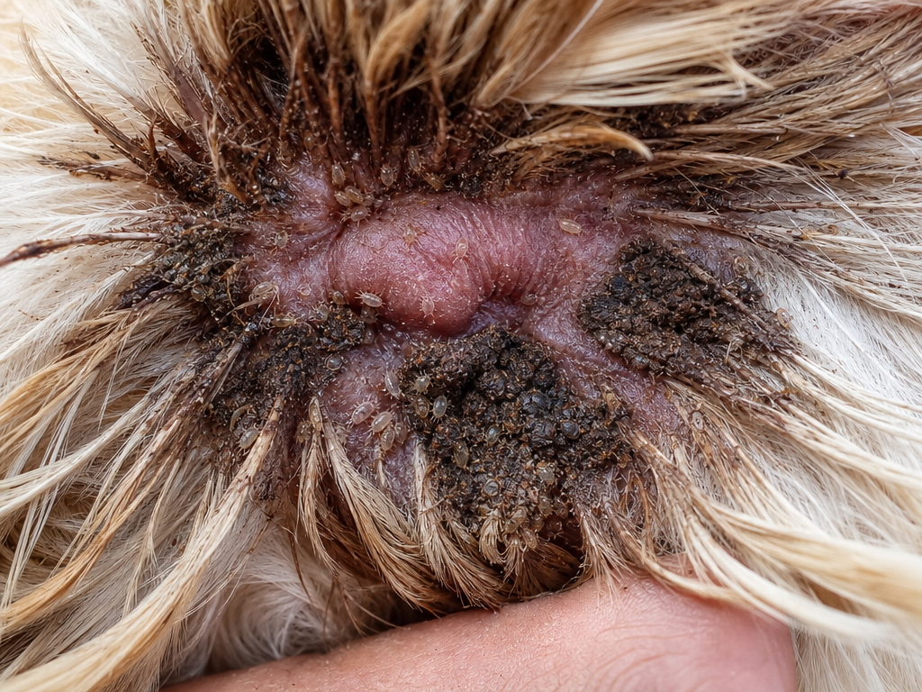 Northern Fowl Mites in chicken showing dark brown-to-black crusty masses matted around vent and base of tail feathers and visible tiny dark mites crawling on feathers during daytime inspection