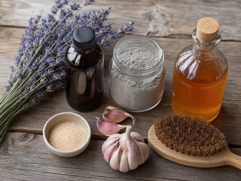 Natural remedies for Northern Fowl Mites, diatomaceous-earth, neem-oil, garlic shown together