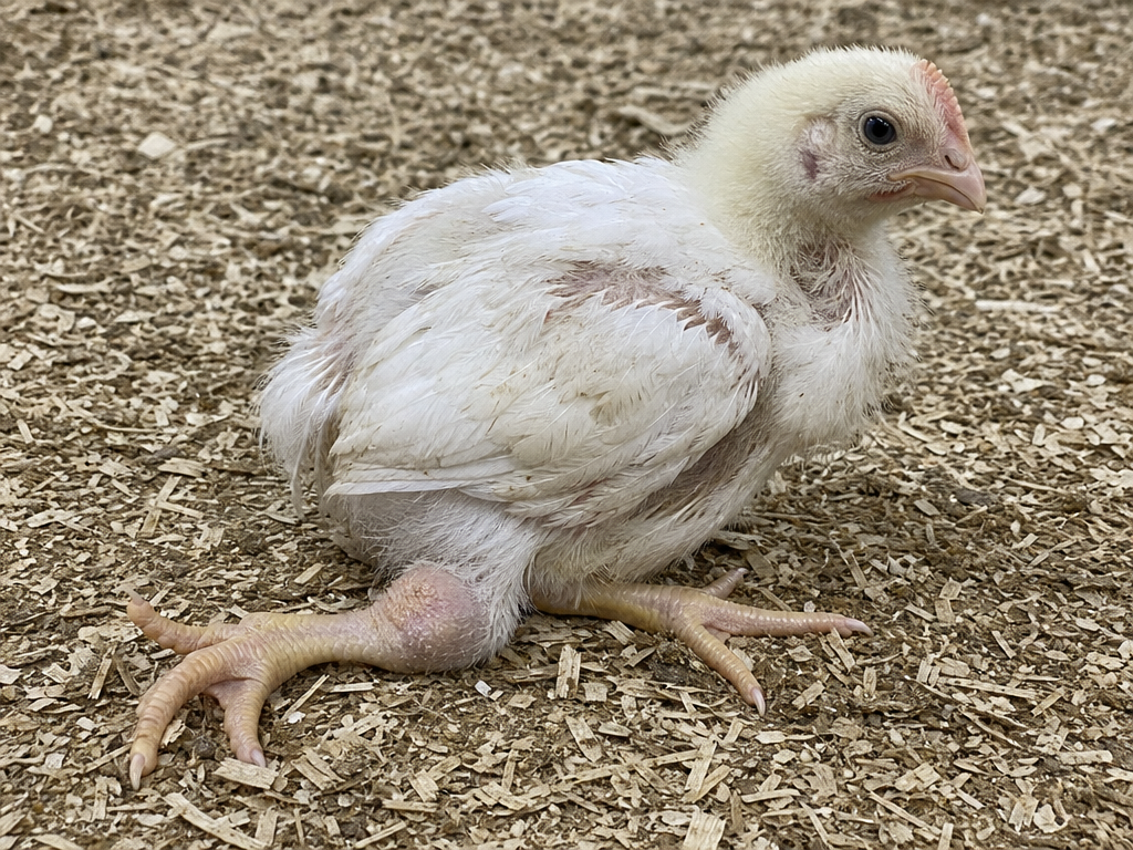 Perosis (Slipped Tendon) in chicken showing one or both hocks visibly displaced sideways (the tendon has slipped from its groove) and inability to walk normally; bird walks on hocks rather than feet