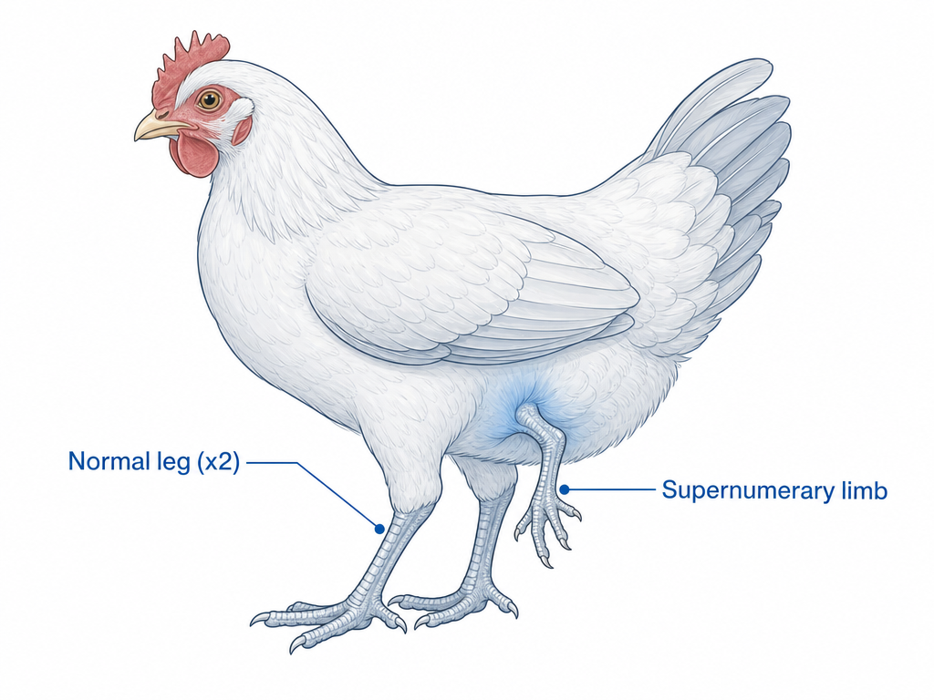 Polymelia (Extra Limbs) in chicken showing extra limb (leg, wing, or partial limb) visible at hatch - the definitive sign and abnormal posture or gait caused by the extra limb interfering with normal movement
