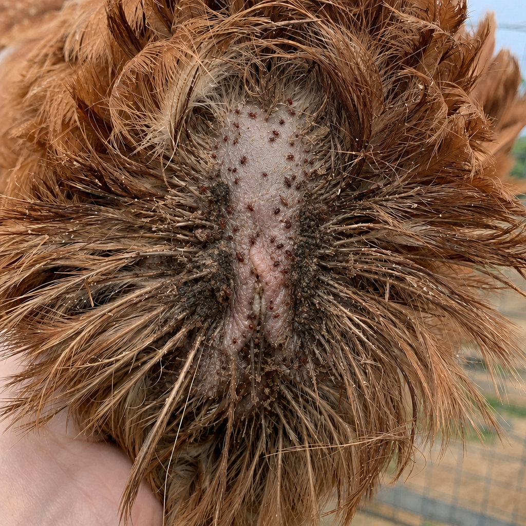 Poultry Mites in chicken showing restlessness at night (red mites feed nocturnally) and pale or white comb and wattles (anemia)