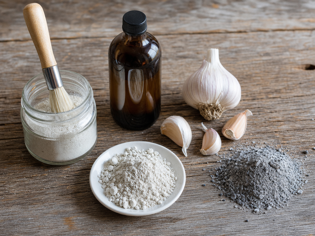Natural remedies for Poultry Red Mite, garlic, diatomaceous-earth, neem-oil shown together
