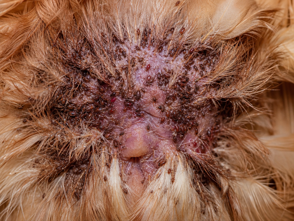 Poultry Red Mite in chicken showing restlessness and agitation at night when birds go to roost - birds pace, refuse to settle, or leave the coop and pale or white comb and wattles - the clearest sign of blood-loss anemia from repeated nightly feeding