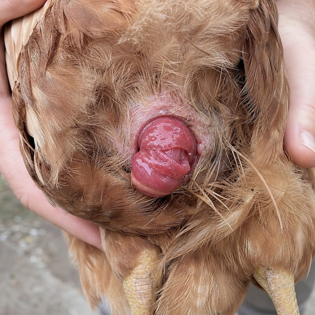 Prolapsed Vent (Blowout) in chicken showing red or pink tissue visibly protruding from the vent and tissue may be bloody or swollen