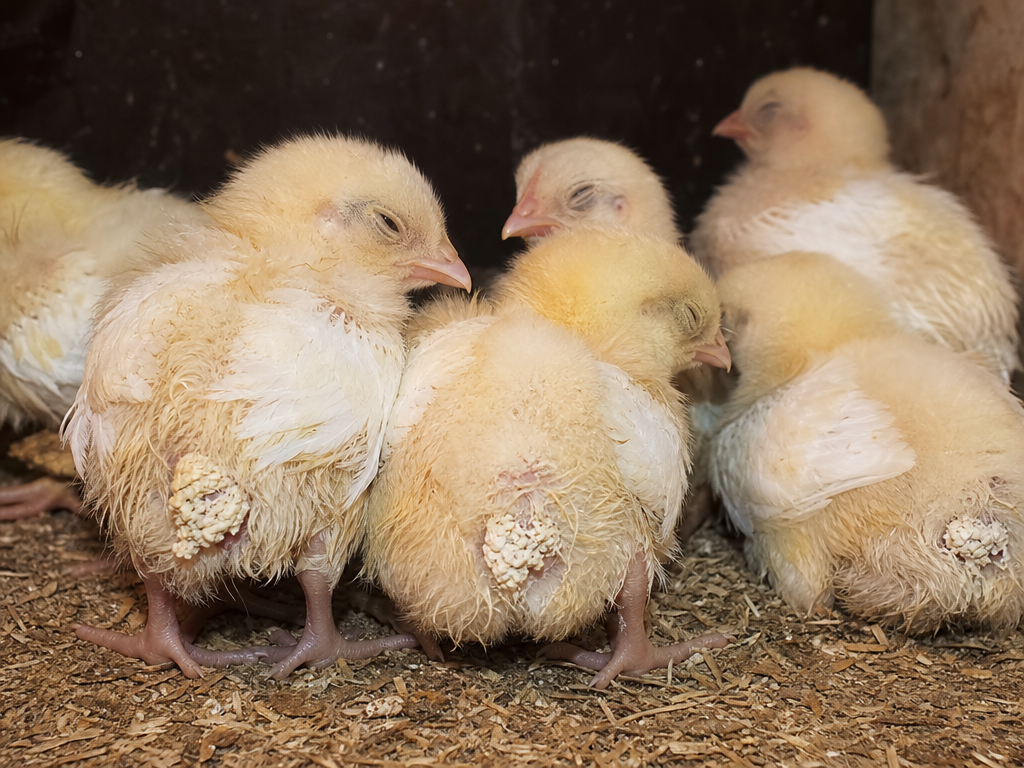Pullorum Disease in chicken showing white or gray pasty diarrhea pasted around the vent in chicks (bacillary white diarrhea) and mortality beginning at 5-7 days post-hatch, peaking at 2-3 weeks