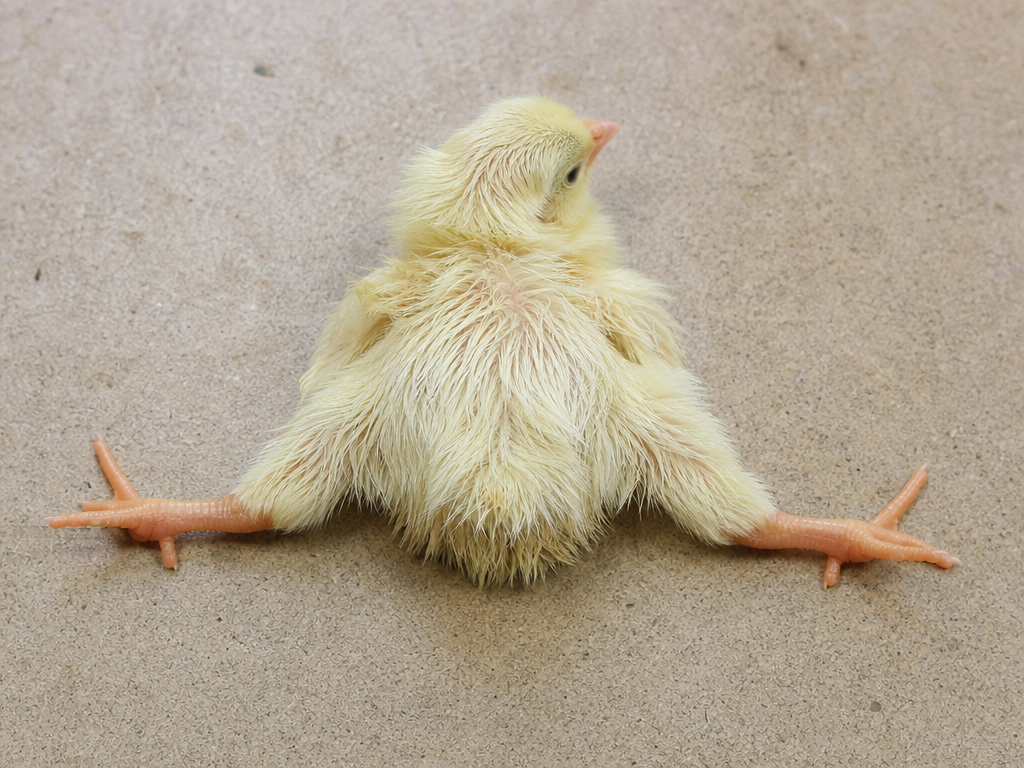 Spraddle Leg in Chicks in chicken showing one or both legs splayed to the side at hatch and chick unable to stand or walk normally