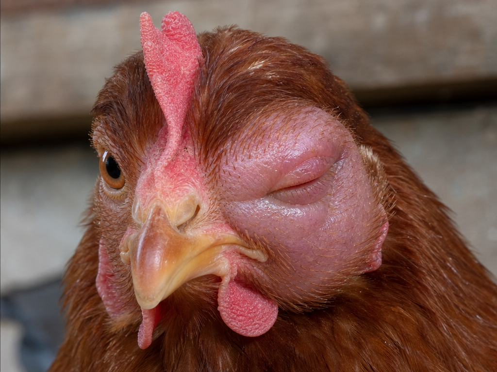Swollen Eye in Chickens in chicken showing one or both eyelids swollen and partially or fully closed and foamy or bubbly discharge in the eye corner (mycoplasma)