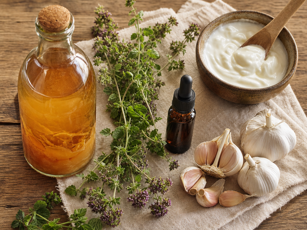 Natural remedies for Vent Gleet, apple-cider-vinegar, oregano-oil, probiotics shown together