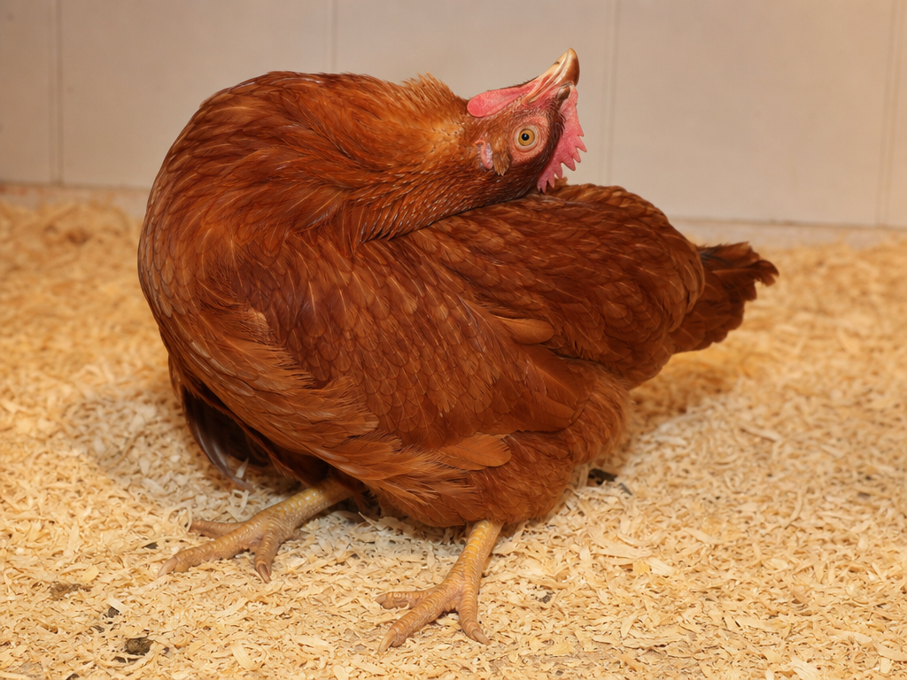 Wry Neck (Torticollis) in chicken showing stargazing - head bent backward toward the spine, looking up at the sky and head twisted to one side (torticollis), sometimes pressed against the body